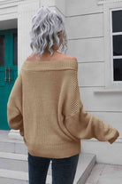 Off-Shoulder Ribbed Long Sleeve Pullover Sweater - Guy Christopher