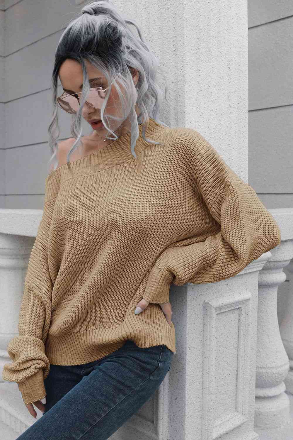 Off-Shoulder Ribbed Long Sleeve Pullover Sweater - Guy Christopher