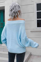 Off-Shoulder Ribbed Long Sleeve Pullover Sweater - Guy Christopher