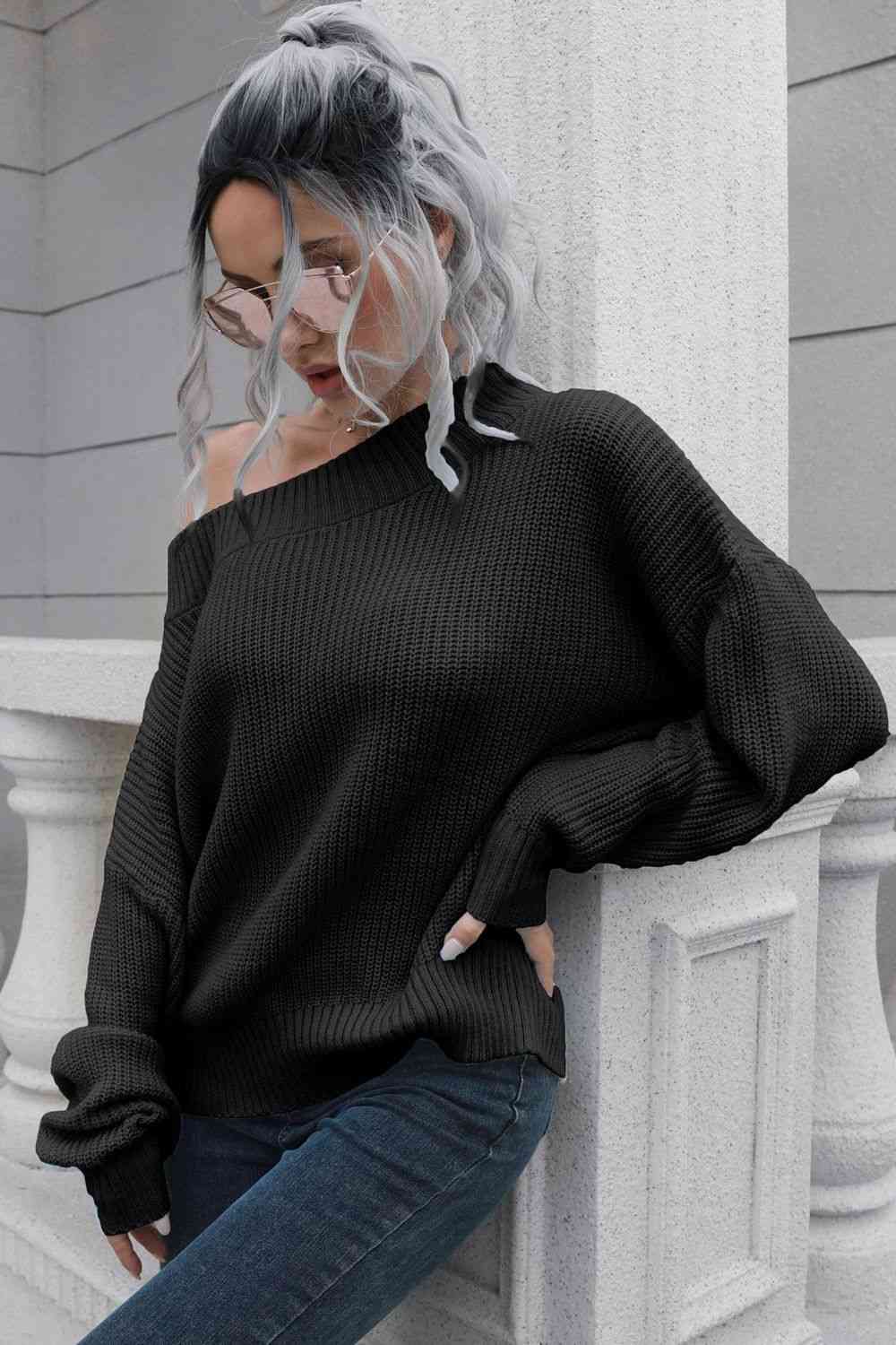 Off-Shoulder Ribbed Long Sleeve Pullover Sweater - Guy Christopher