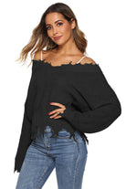 Off-Shoulder Ribbed Long Sleeve Raw Hem Sweater - Guy Christopher