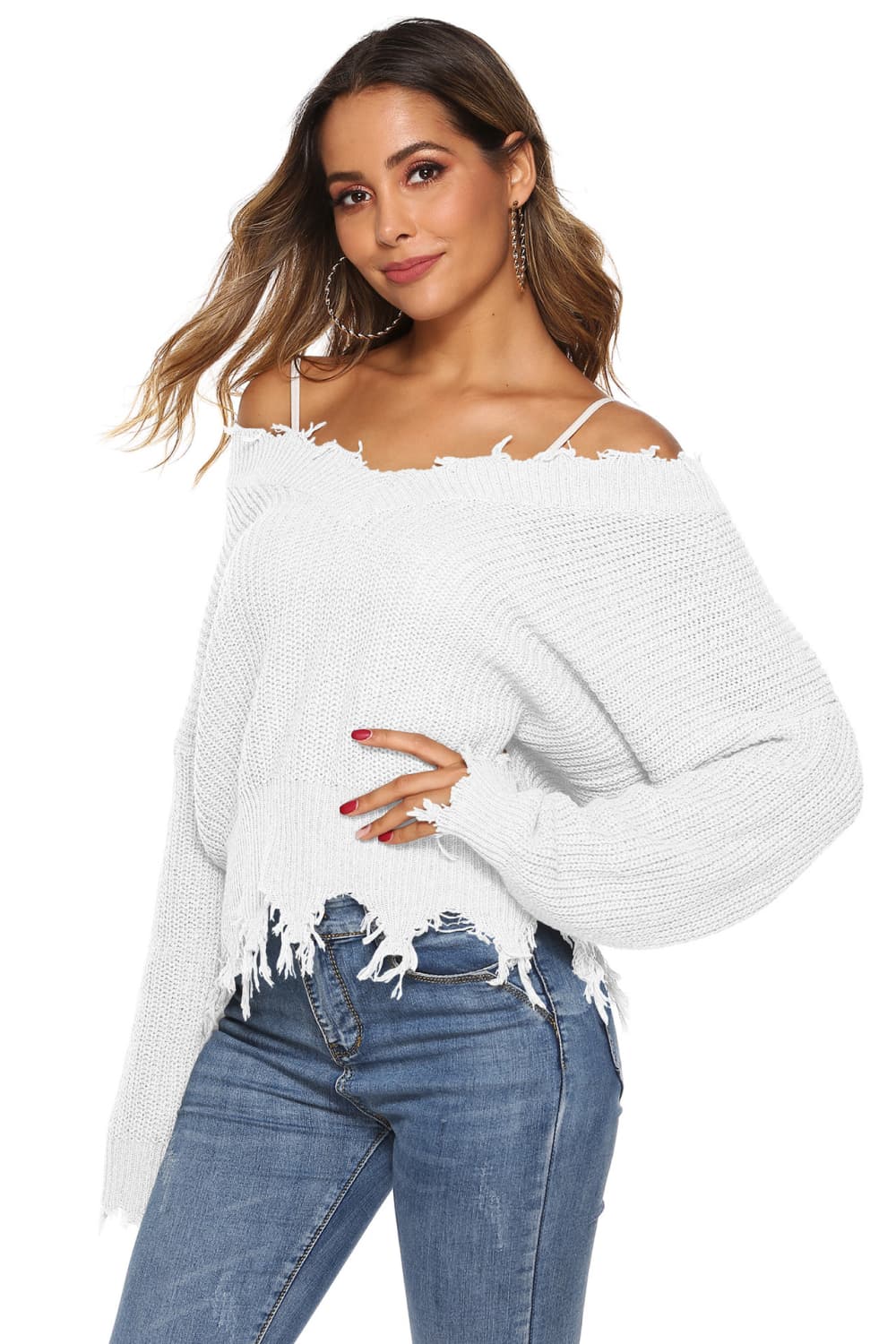 Off-Shoulder Ribbed Long Sleeve Raw Hem Sweater - Guy Christopher