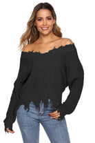 Off-Shoulder Ribbed Long Sleeve Raw Hem Sweater - Guy Christopher