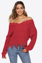 Off-Shoulder Ribbed Long Sleeve Raw Hem Sweater - Guy Christopher