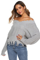 Off-Shoulder Ribbed Long Sleeve Raw Hem Sweater - Guy Christopher