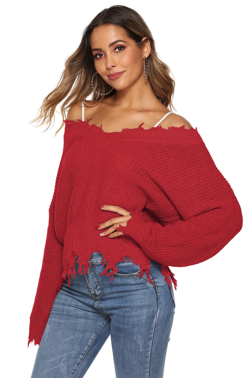 Off-Shoulder Ribbed Long Sleeve Raw Hem Sweater - Guy Christopher