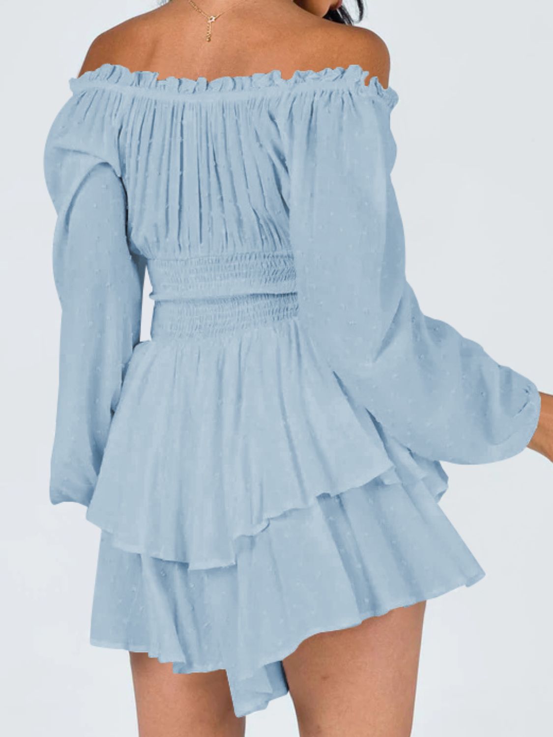 Off Shoulder Smocked Waist Mini Dress - Guy Christopher