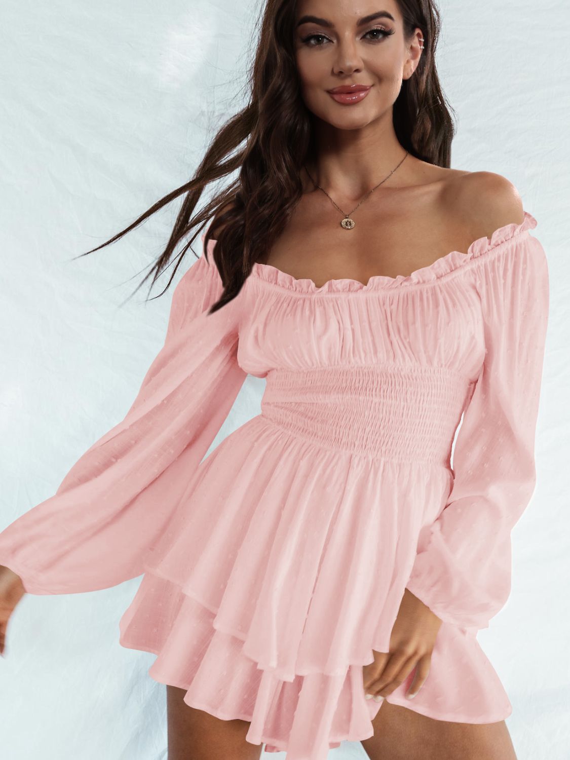 Off Shoulder Smocked Waist Mini Dress - Guy Christopher