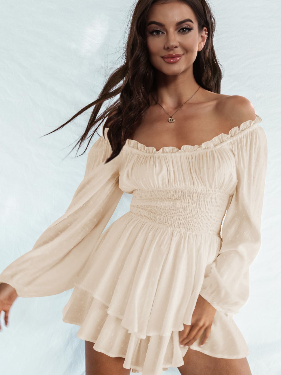 Off Shoulder Smocked Waist Mini Dress - Guy Christopher