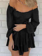 Off Shoulder Smocked Waist Mini Dress - Guy Christopher