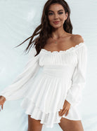 Off Shoulder Smocked Waist Mini Dress - Guy Christopher