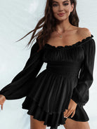 Off Shoulder Smocked Waist Mini Dress - Guy Christopher