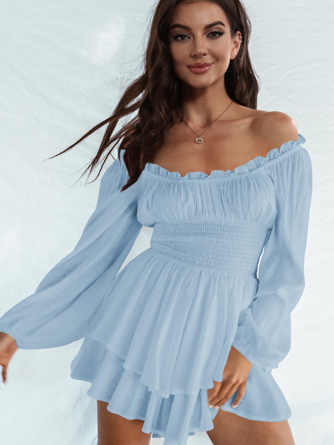 Off Shoulder Smocked Waist Mini Dress - Guy Christopher