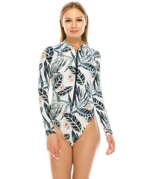 ONE PIECE LONG SLEEVE LEAF PRINT SWIMSUIT - Guy Christopher