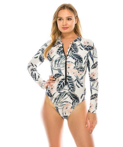 ONE PIECE LONG SLEEVE LEAF PRINT SWIMSUIT - Guy Christopher
