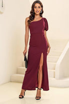 One shoulder Balloon Sleeve Slit Maxi Dress - Guy Christopher