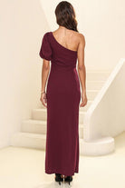 One shoulder Balloon Sleeve Slit Maxi Dress - Guy Christopher