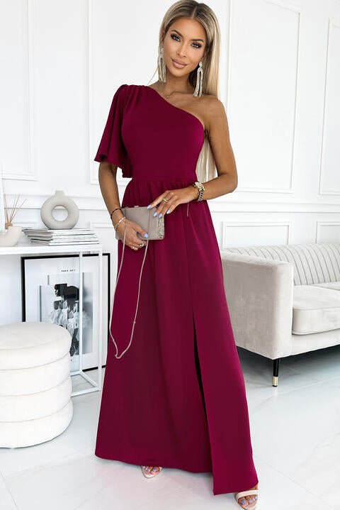 One shoulder Flutter sleeves Slit Dress - Guy Christopher