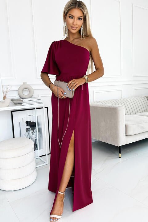 One shoulder Flutter sleeves Slit Dress - Guy Christopher