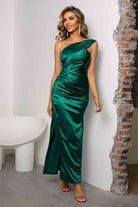 One-Shoulder Ruched Slit Maxi Dress - Guy Christopher