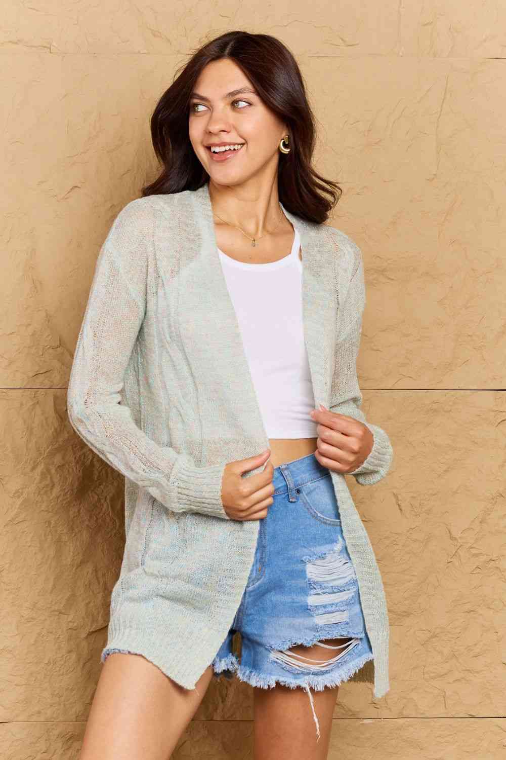 OOTD Cozy Era Cable Sweater Cardigan in Light Green - Guy Christopher