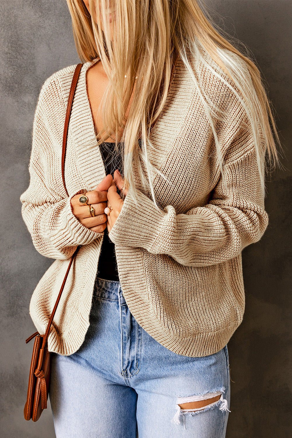 Open Front Drop Shoulder Rib-Knit Cardigan - Guy Christopher