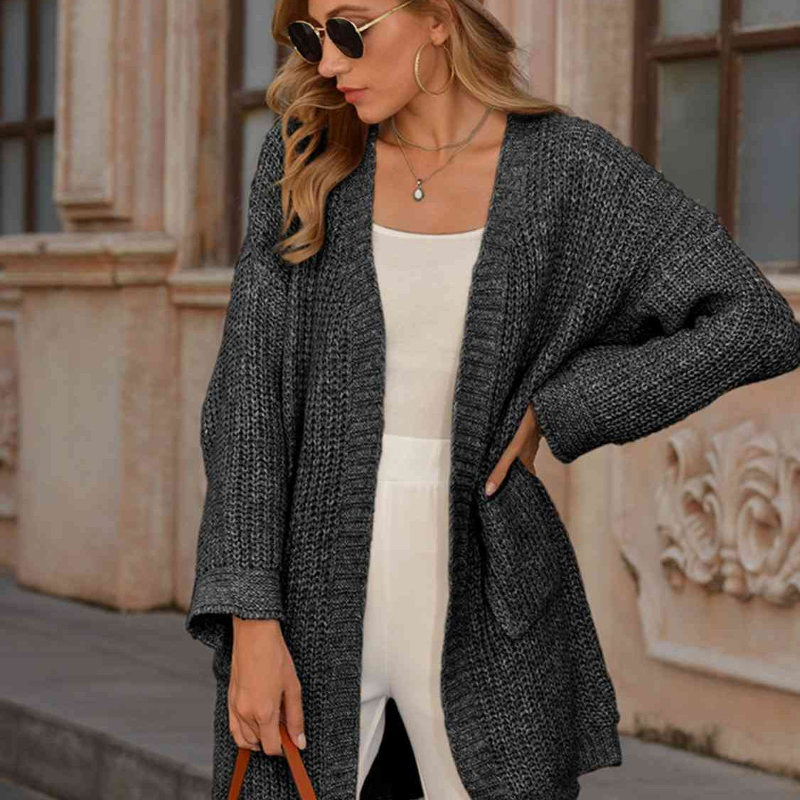 Open Front Long Sleeve Cardigan with Pockets - Guy Christopher