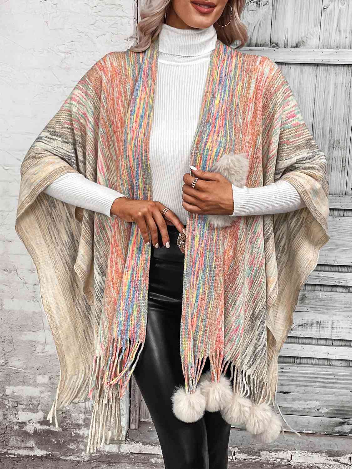 Open Front Poncho with Pom Poms - Guy Christopher