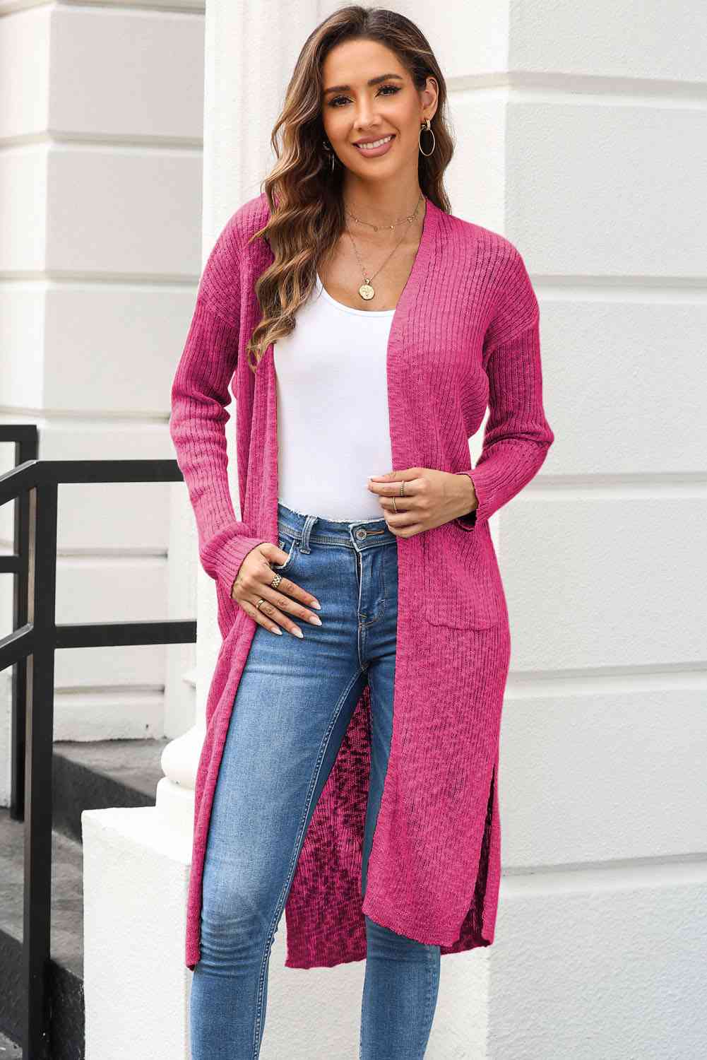 Open Front Slit Cardigan with Pockets - Guy Christopher