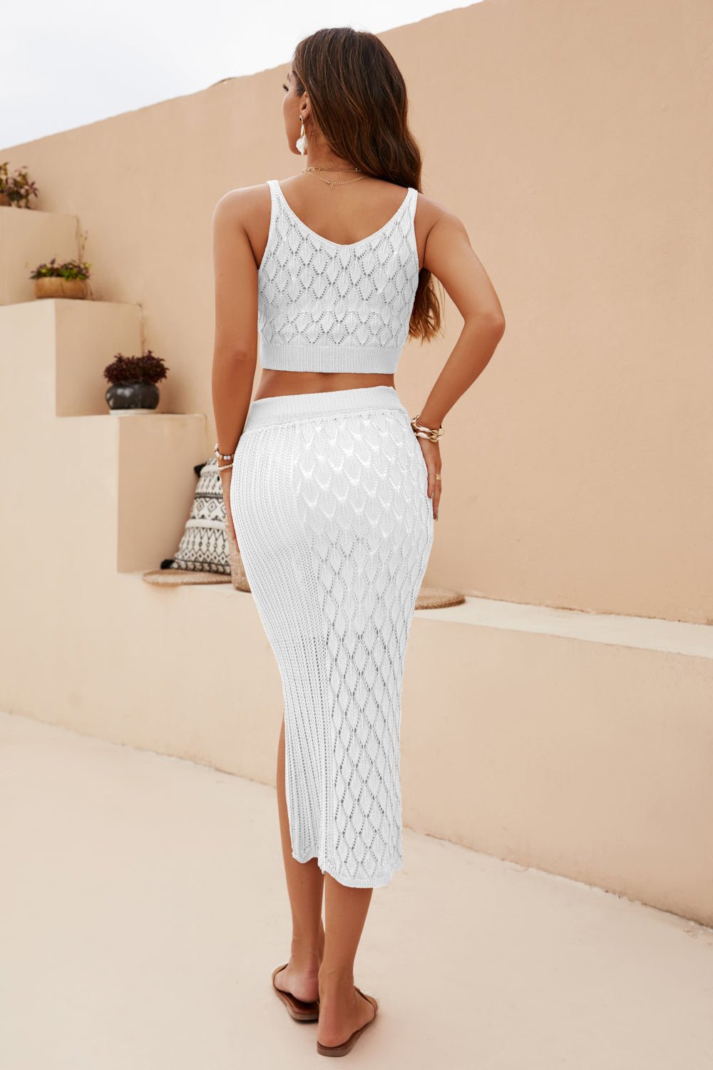 Openwork Cropped Tank and Split Skirt Set - Guy Christopher