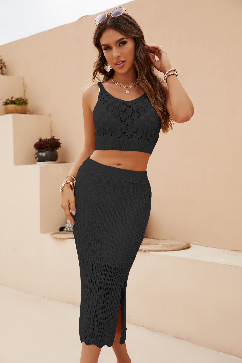 Openwork Cropped Tank and Split Skirt Set - Guy Christopher