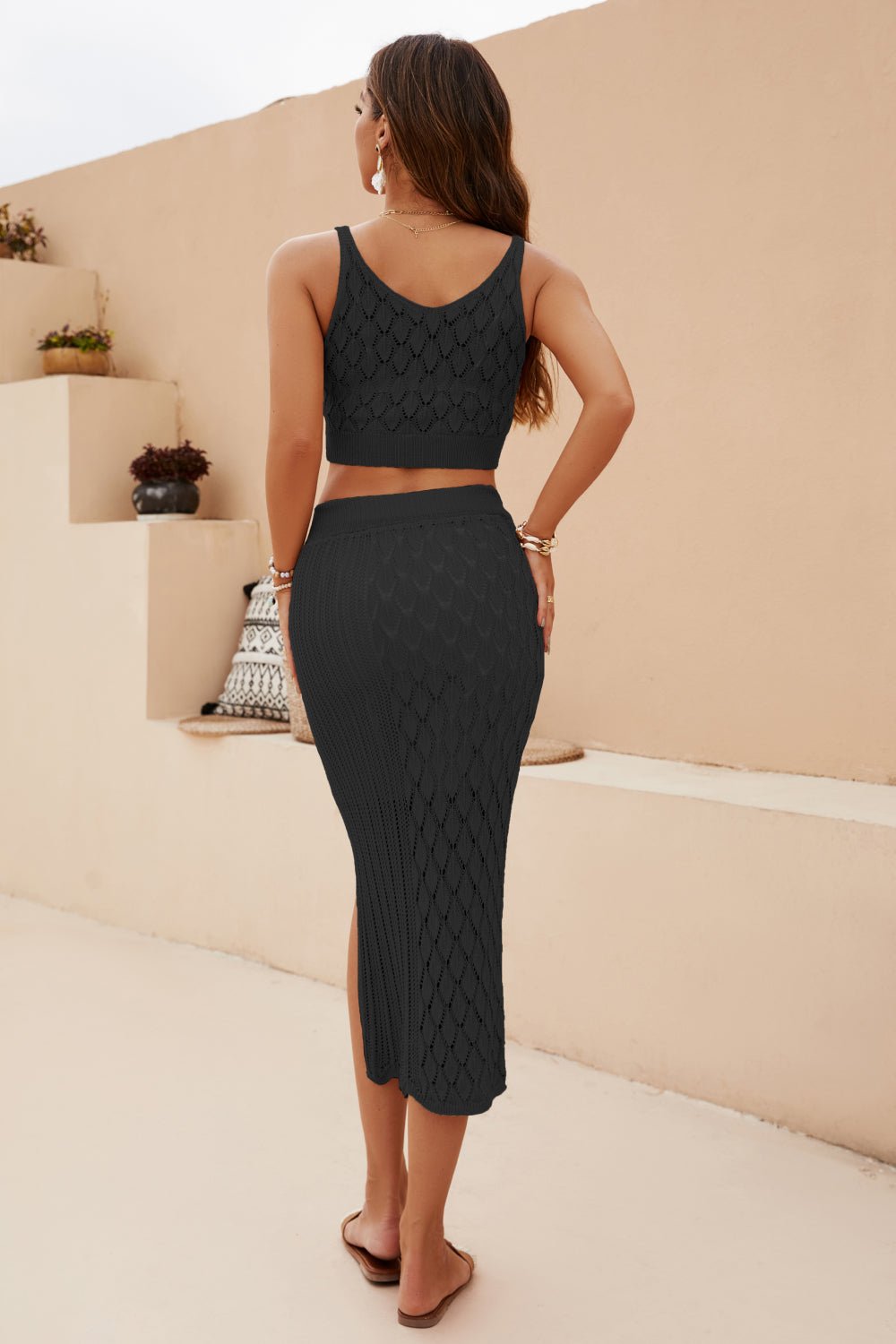 Openwork Cropped Tank and Split Skirt Set - Guy Christopher