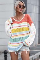 Openwork Striped Round Neck Long Sleeve Sweater - Guy Christopher