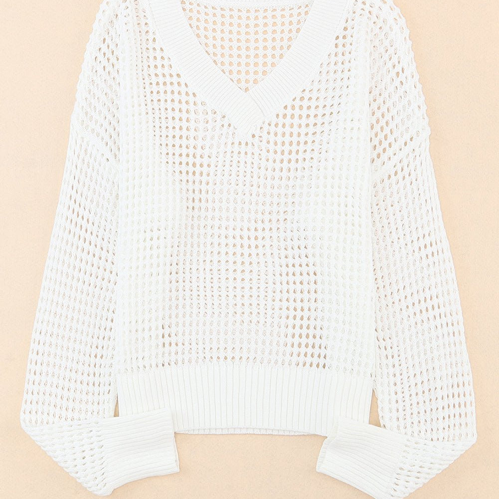 Openwork V-Neck Dropped Shoulder Knit Top - Guy Christopher