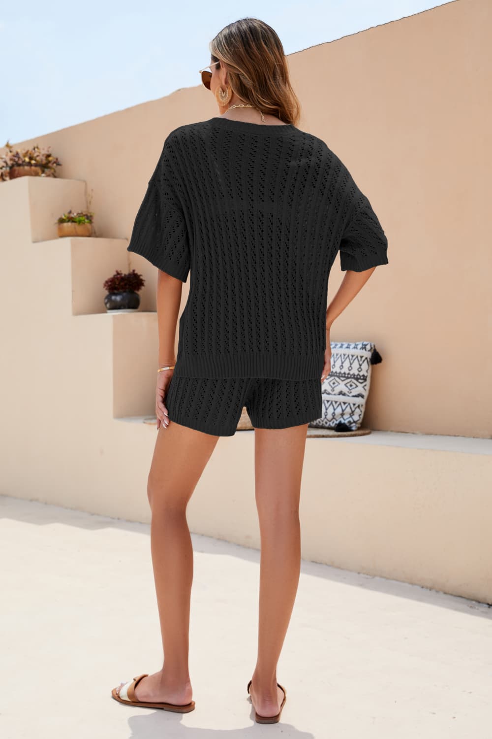 Openwork V-Neck Top and Shorts Set - Guy Christopher