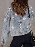 Pearl Trim Button Up Denim Jacket with Pockets - Guy Christopher