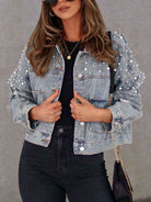 Pearl Trim Button Up Denim Jacket with Pockets - Guy Christopher