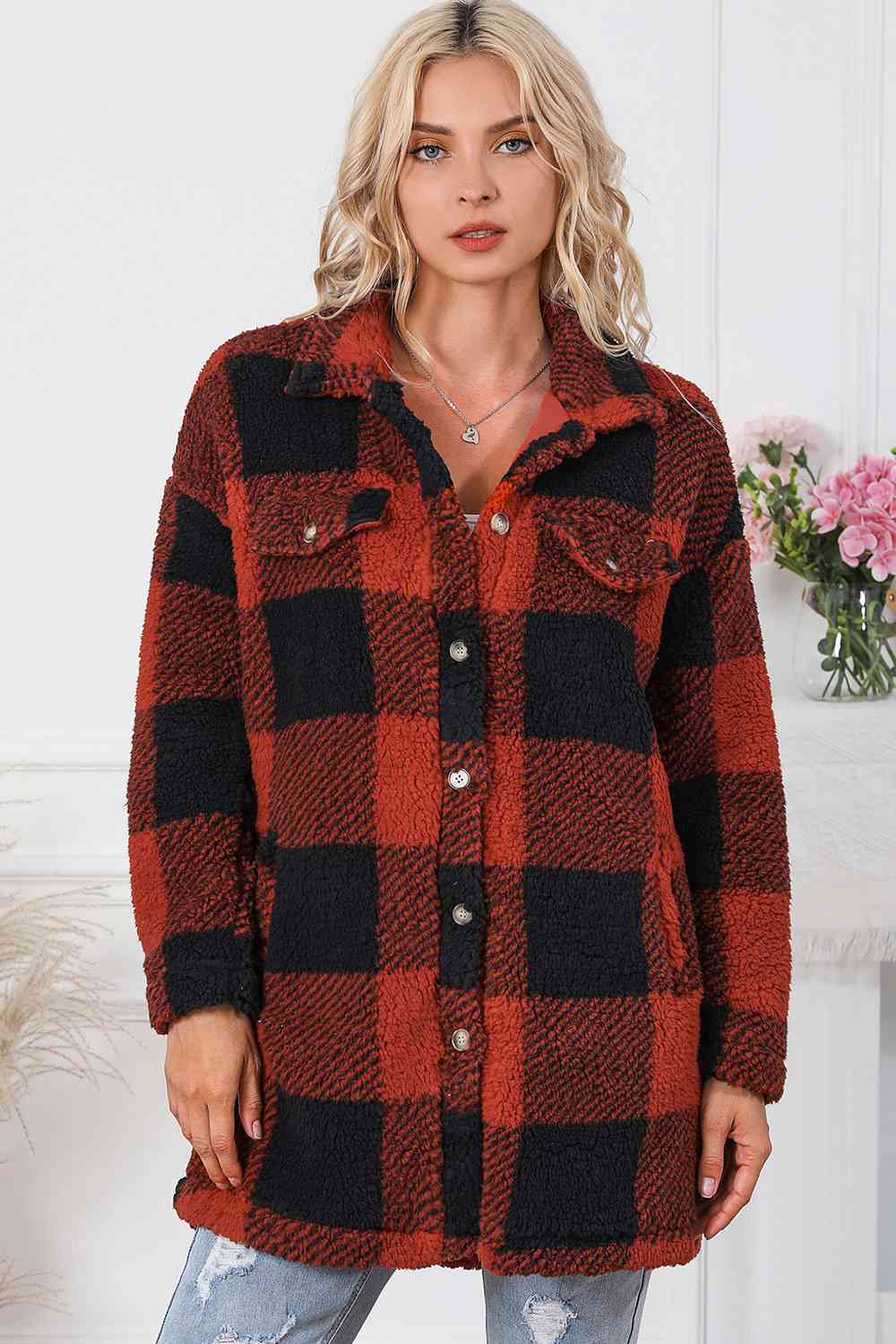 Plaid Button Down Coat with Pockets - Guy Christopher