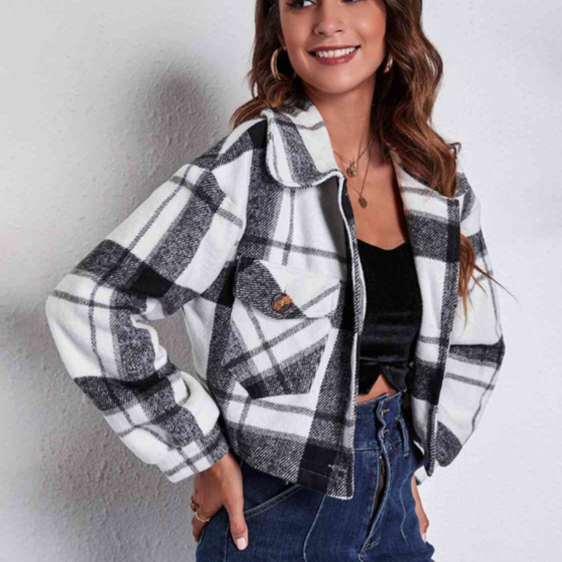 Plaid Button Front Jacket with Pockets - Guy Christopher