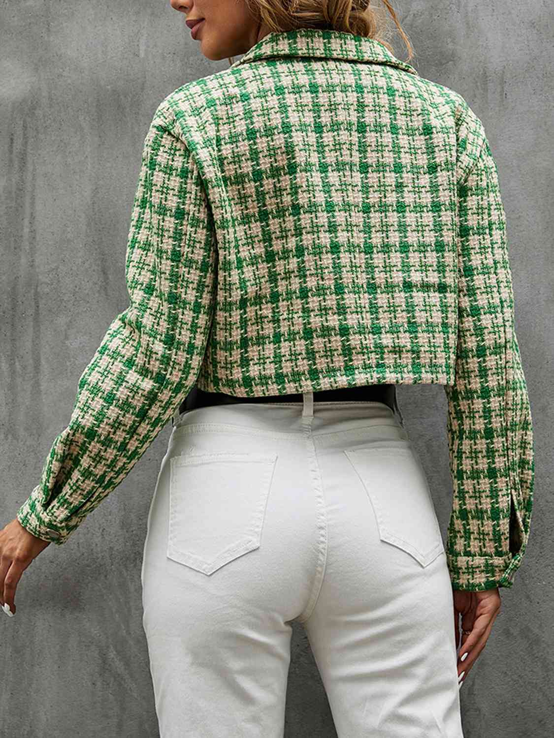 Plaid Button Up Collared Neck Long Sleeve Jacket - Guy Christopher