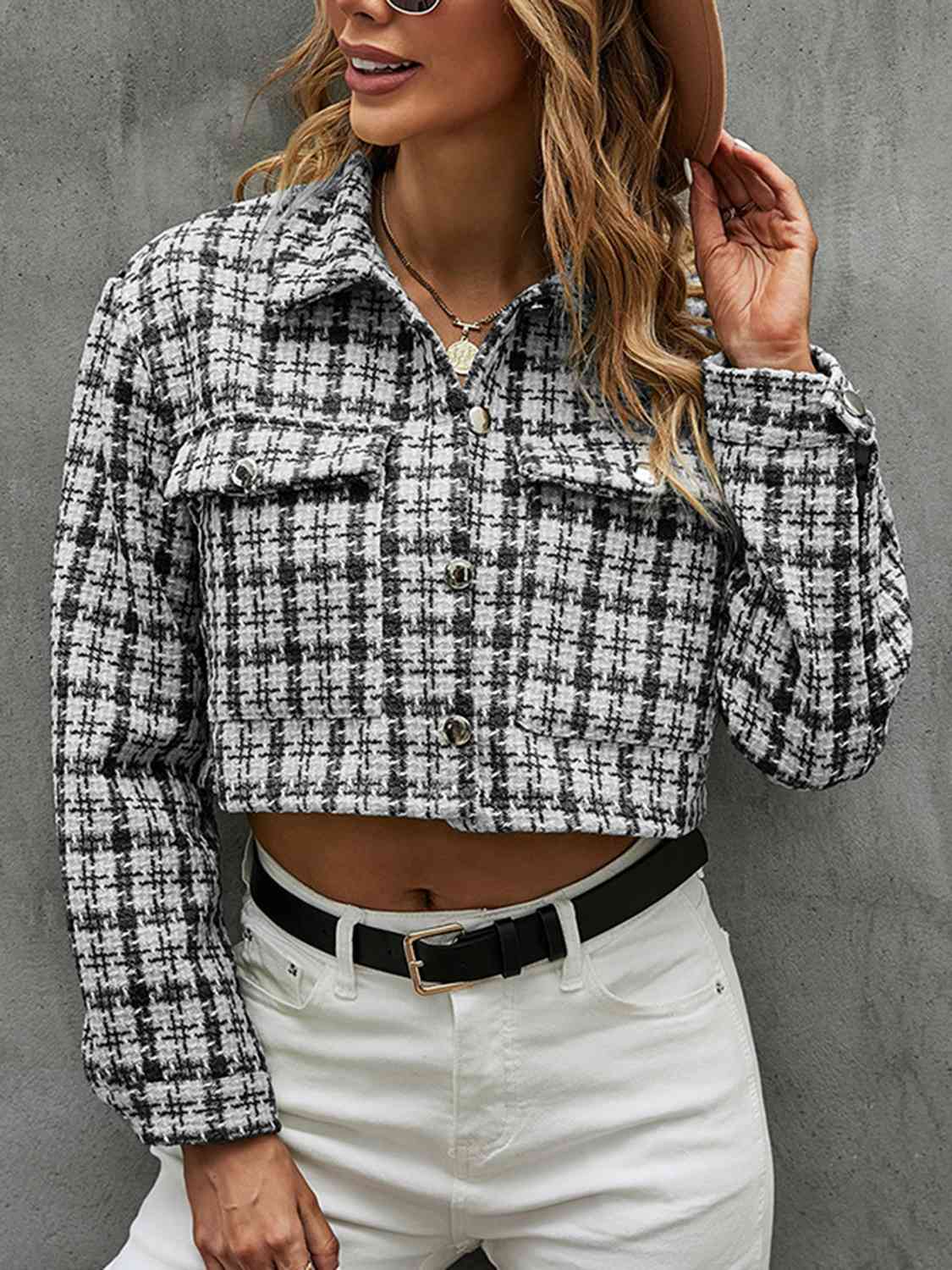 Plaid Button Up Collared Neck Long Sleeve Jacket - Guy Christopher