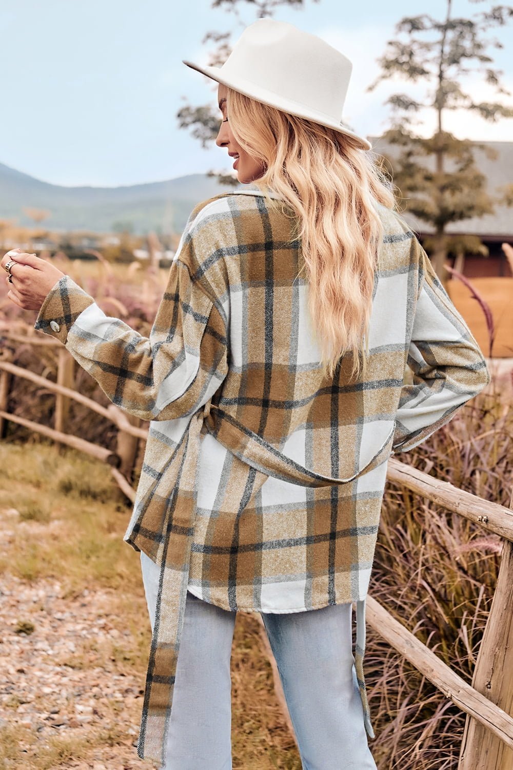 Plaid Collared Neck Bow Front Long Sleeve Jacket - Guy Christopher