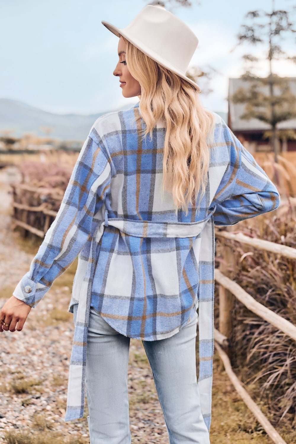 Plaid Collared Neck Bow Front Long Sleeve Jacket - Guy Christopher