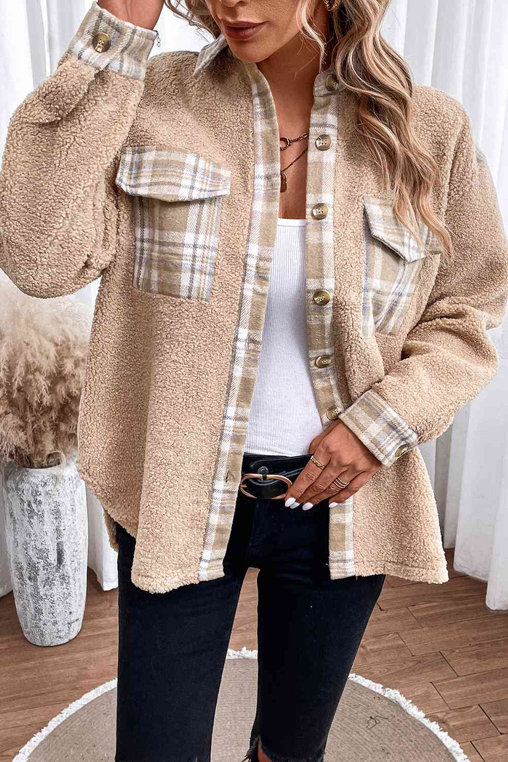 Plaid Collared Neck Button Down Jacket - Guy Christopher