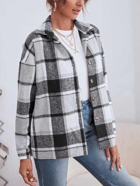 Plaid Collared Neck Button Down Jacket - Guy Christopher