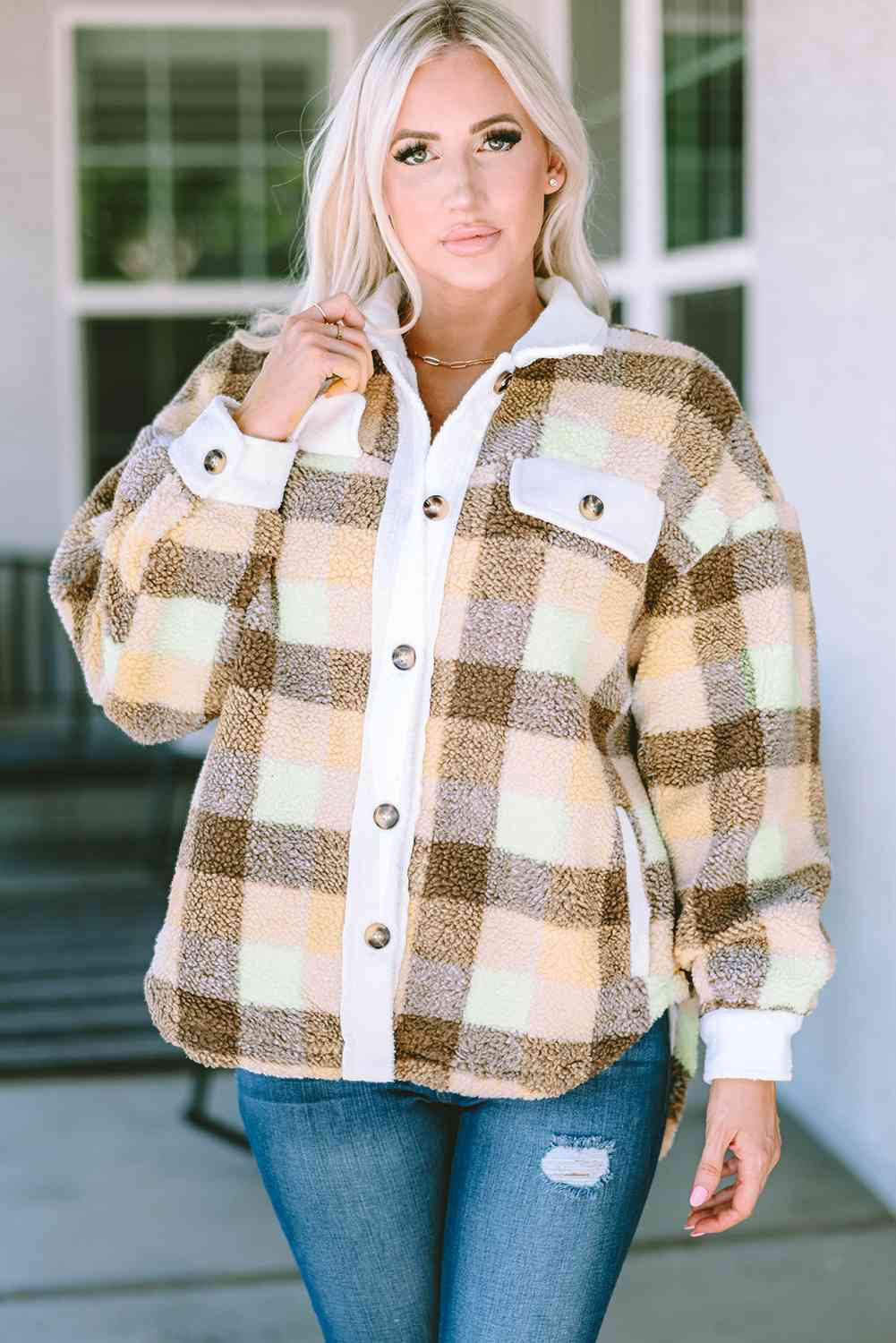 Plaid Collared Neck Button Down Jacket - Guy Christopher