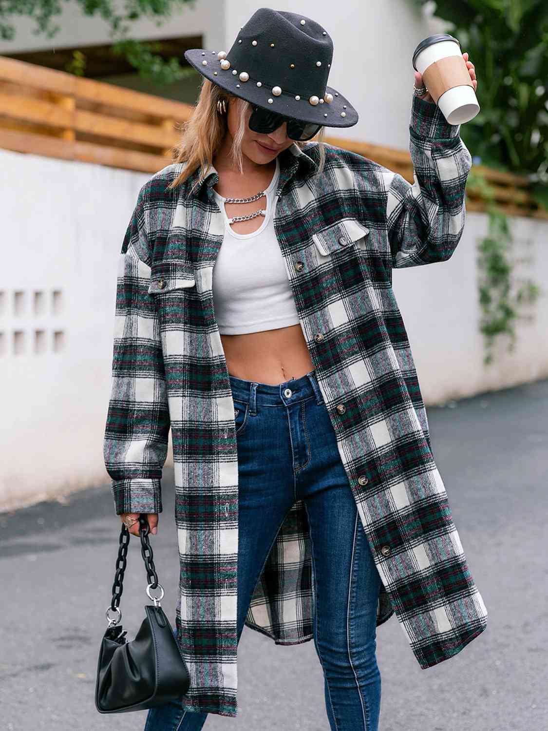 Plaid Collared Neck Button Down Longline Jacket - Guy Christopher