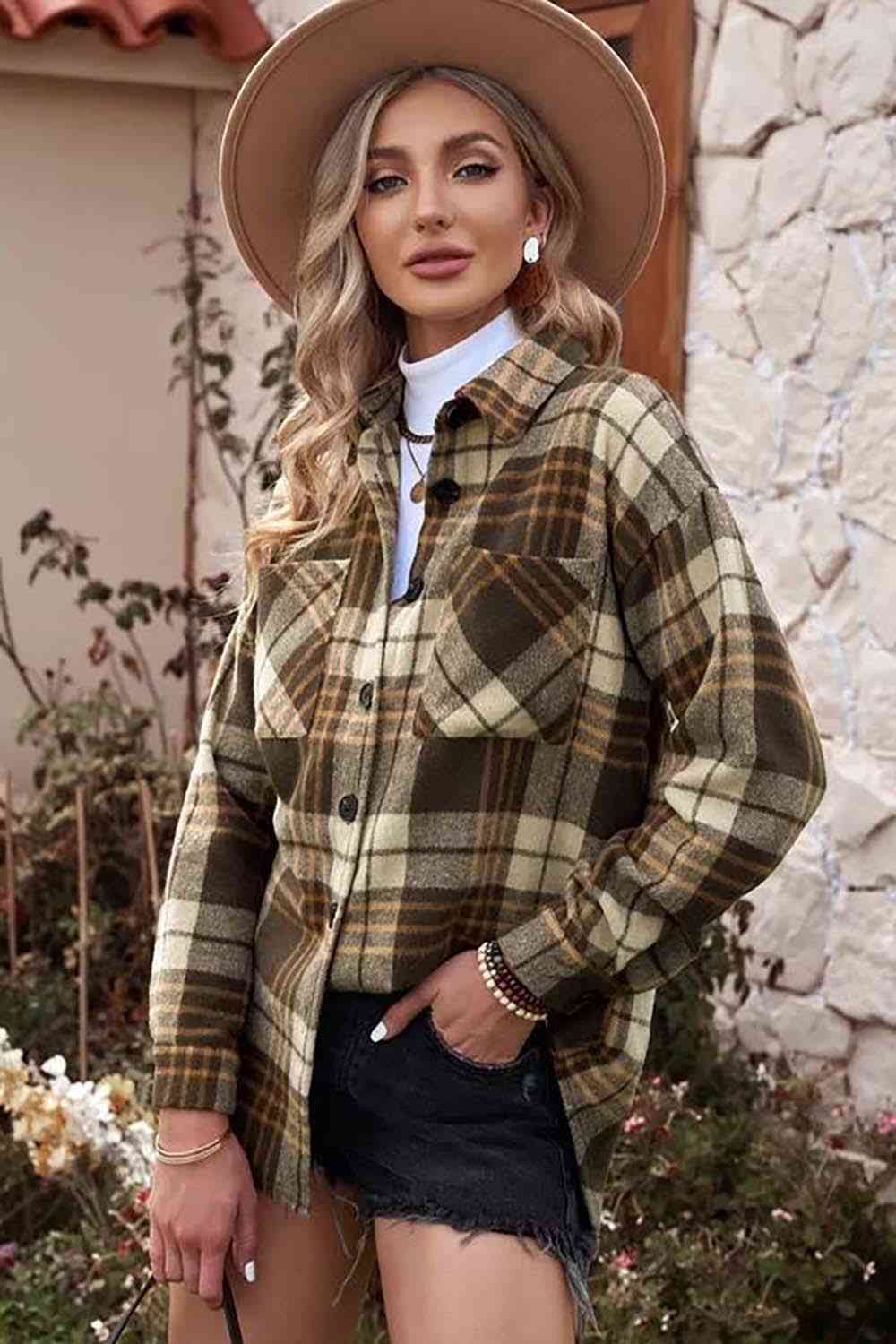Plaid Collared Neck Button Up Jacket with Pockets - Guy Christopher