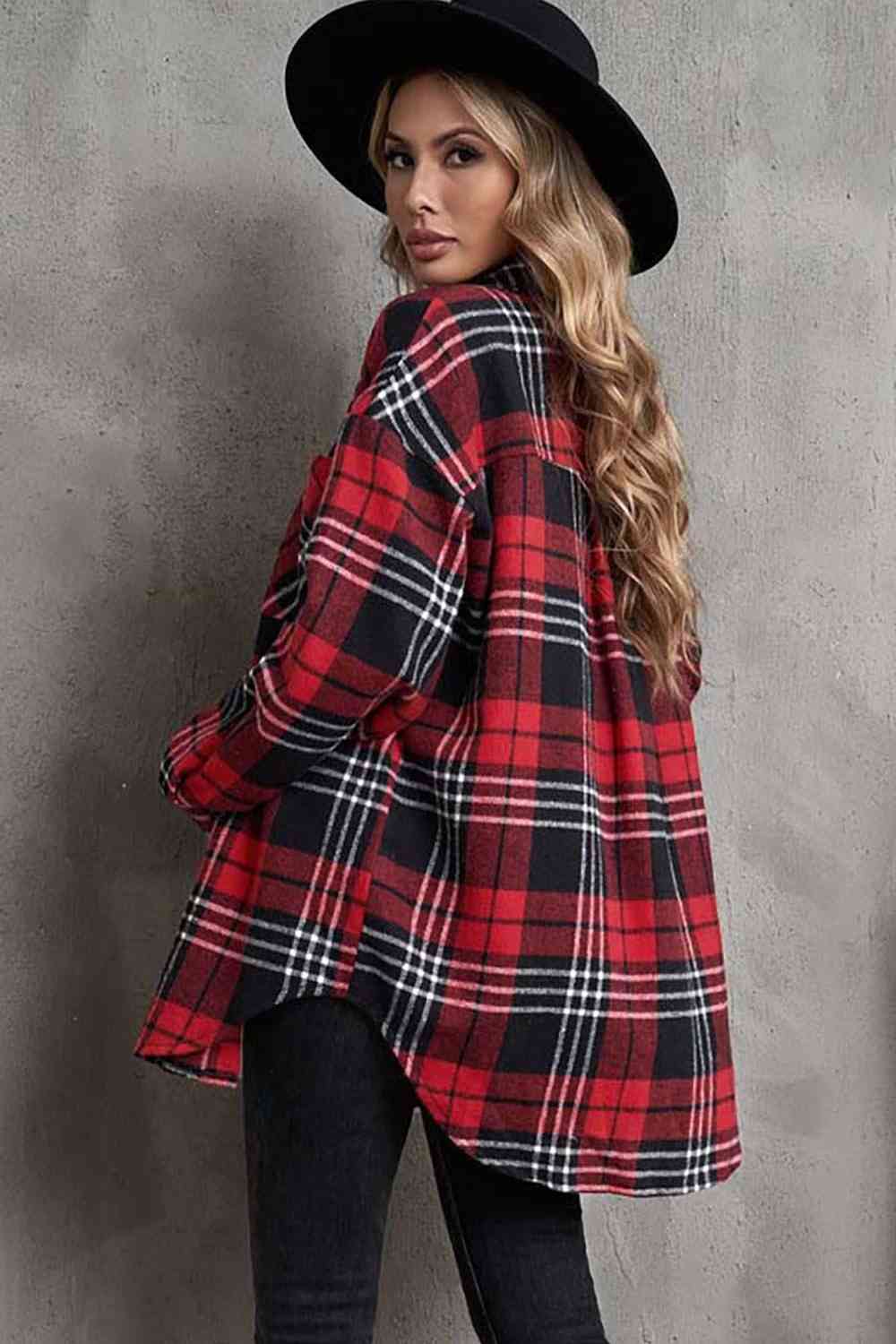 Plaid Collared Neck Button Up Jacket with Pockets - Guy Christopher