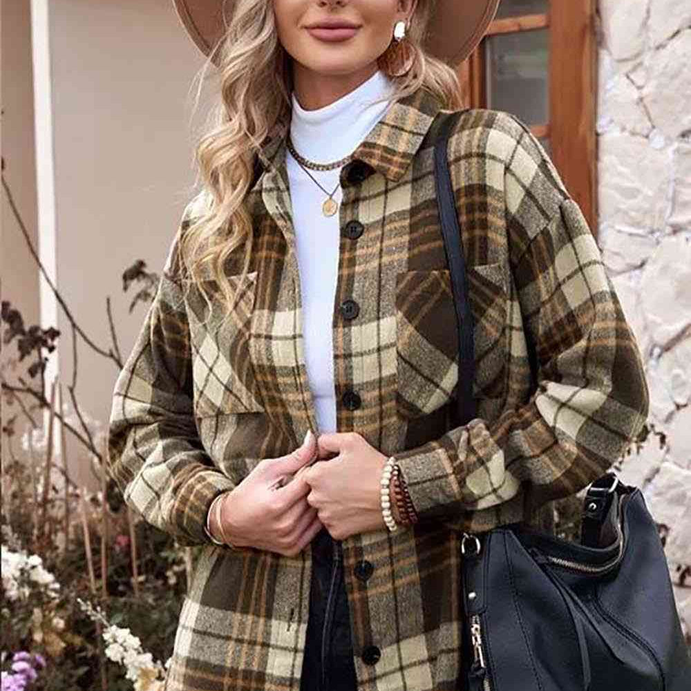 Plaid Collared Neck Button Up Jacket with Pockets - Guy Christopher